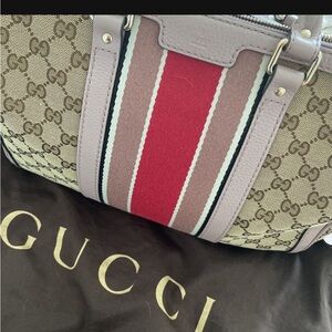 Gucci GG Supreme Tote with Pink Trim and Red Center Stripe